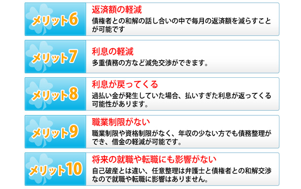返済額の軽減、利息の軽減、利息が戻ってくる、職業制限がない、就職・転職に影響がない